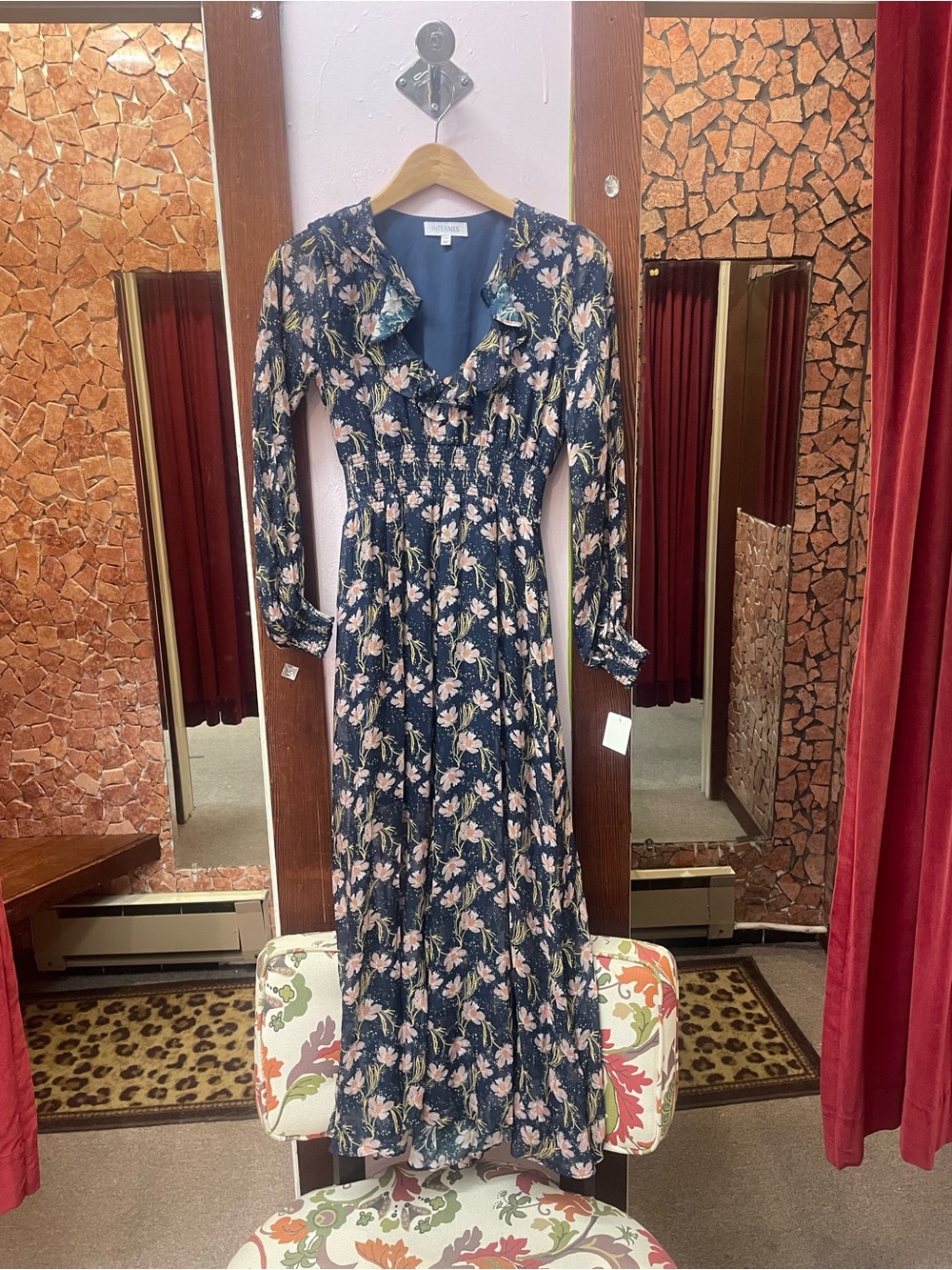 INTERMIX Navy Floral Ruffle V-Neck Smocked Maxi Dress